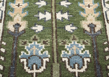 Runner Green, Ivory, Blue Color Hand Knotted Oushak Wool Transitional Oriental Rug