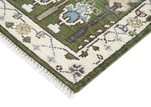 Runner Green, Ivory, Blue Color Hand Knotted Oushak Wool Transitional Oriental Rug