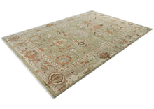 10x14 Green, Peach, Gray Color Hand Knotted Oushak Wool Arts and Crafts Oriental Rug