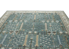 10x14 Celadon, Ivory, Brown Color Hand Knotted Oushak Wool Transitional Oriental Rug