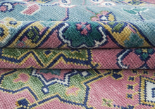 10x14 Pink, Blue, Lime Color Hand Knotted Oushak Wool Transitional Oriental Rug