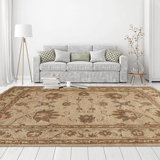 8x10 Moss, Tan Hand Knotted Wool Arts & Crafts Tibetan Area Rug