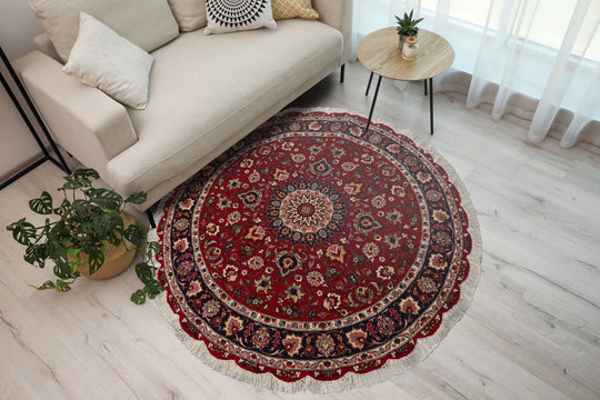 5'0''x5'0" Burgundy Hand Knotted Tabriz Round Traditiona Medallion 250 KPSI Wool Oriental Area Rug