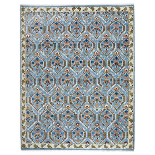 8'2''x10 Hand Knotted Wool Blue, Green Geometric Honeycomb Lattice Oushak Transitional Rug