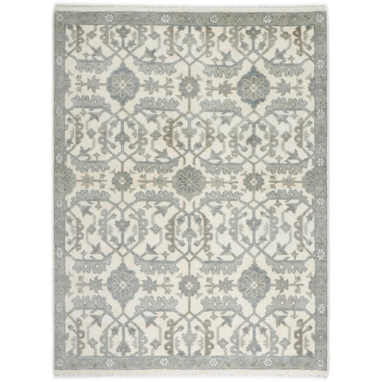 7'10''x9 Hand Knotted Wool Ivory, Gray Oushak Transitional Rug