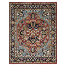 8x10 Rust, Navy, Aqua Color Hand Knotted Heriz Wool Traditional Oriental Rug