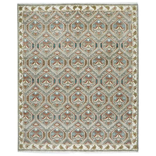 8'1''x10 Hand Knotted Wool Gray, Ivory Geometric Honeycomb Lattice Oushak Transitional Rug