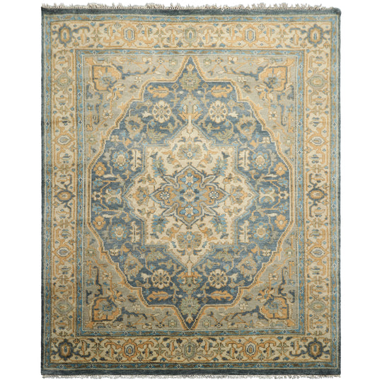 8'2''x9'10'' Hand Knotted Wool Blue, Beige Oushak Geometric Medallion Traditional Geometric Rug