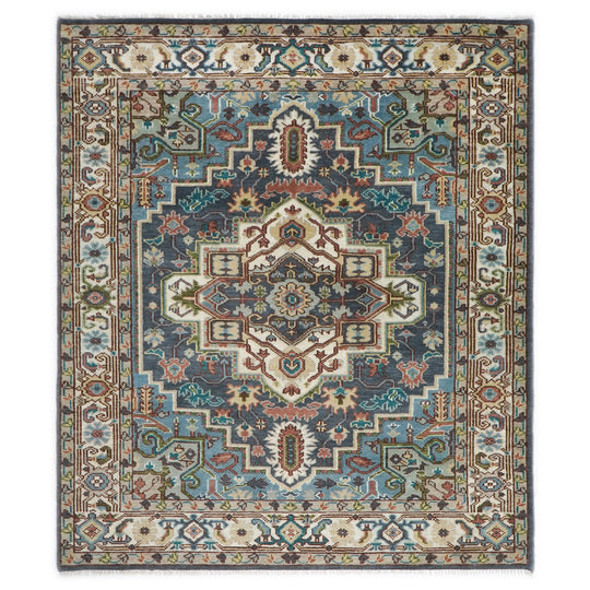 7'10''x10'4'' Hand Knotted Wool Blue, Ivory Oushak Traditional Rug