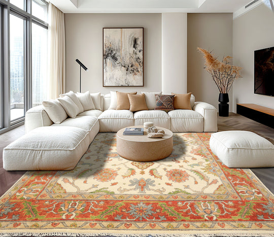 7'10''x9'11'' Hand Knotted Wool Ivory, Burnt Orange Oushak Traditional Rug