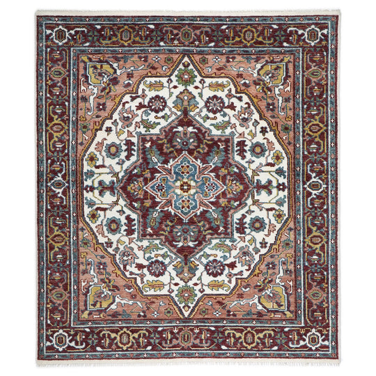 7'11''x9'11'' Hand Knotted Wool Ivory, Maroon Oushak Geometric Medallion Traditional Rug