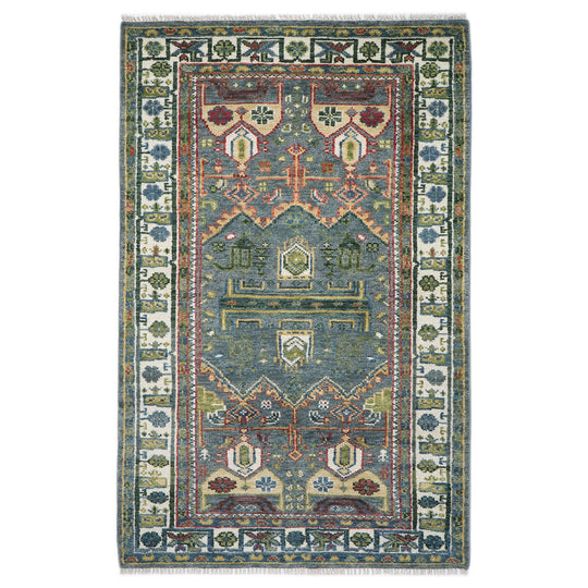 4'10''x8'3'' Hand Knotted Wool Teal, Ivory Oushak Transitional Rug