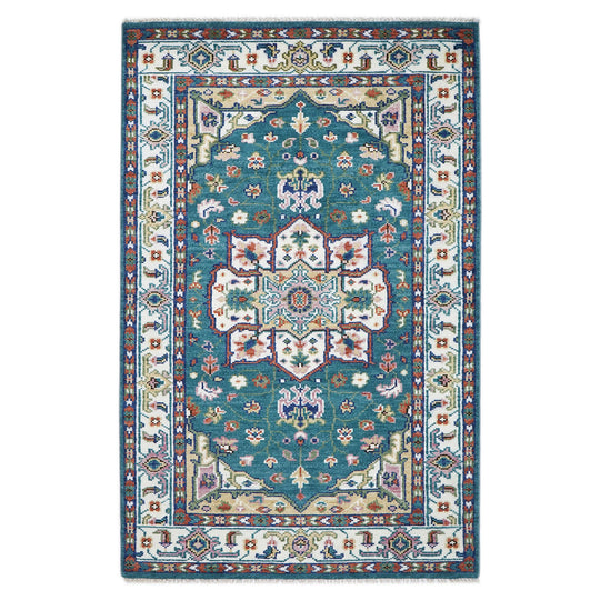 5x8'4'' Hand Knotted Wool Turquoise, Ivory Oushak All-Over Floral Lattice Traditional Rug