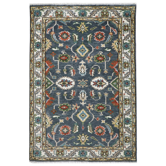 5'2''x8 Hand Knotted Wool Slate, Ivory Oushak Arts & Crafts Rug