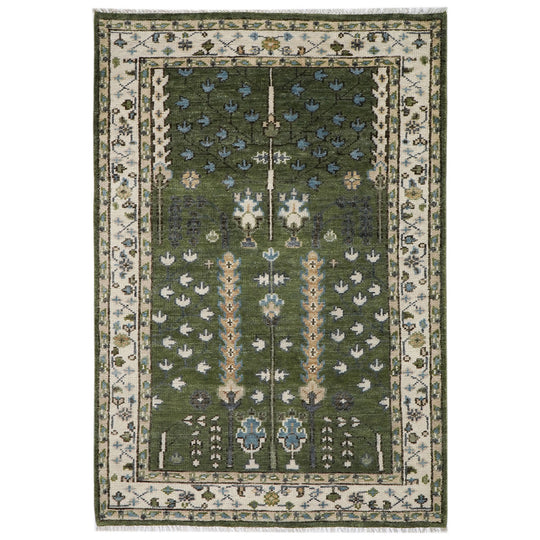 5x7'10'' Hand Knotted Wool Green, Ivory Tree of Life Oushak Transitional Rug