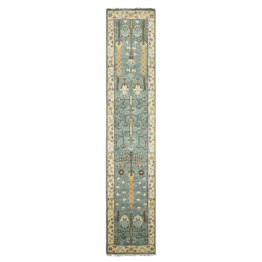 2'6''x12'1'' Runner Hand Knotted Wool Celadon,Ivory Oushak Traditional Rug