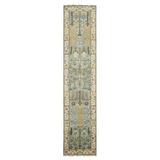 2'8''x12'1'' Runner Hand Knotted Wool Celadon,Ivory Oushak Traditional Rug