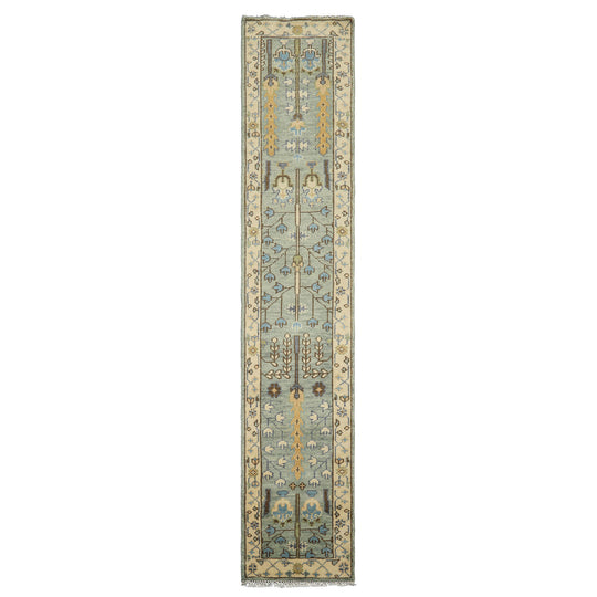 2'6''x12'1'' Runner Hand Knotted Wool Celadon,Ivory Oushak Traditional Rug