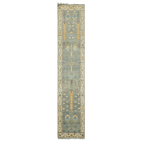 2'6''x12 Runner Hand Knotted Wool Celadon,Ivory Oushak Traditional Rug