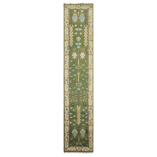 2'6''x11'8'' Runner Hand Knotted Wool Green,Ivory Tree of Life Oushak Traditional Rug