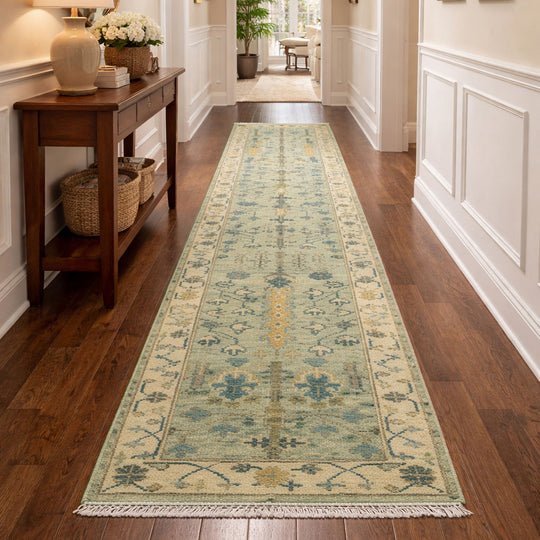 2'5''x12 Runner Hand Knotted Wool Mint,Ivory Tree of Life Oushak Traditional Rug