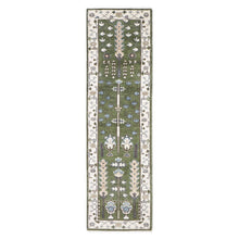 Runner Green, Ivory, Blue Color Hand Knotted Oushak Wool Transitional Oriental Rug