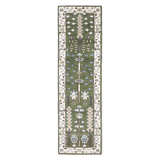 2'6''x9'11'' Runner Hand Knotted Wool Green ,Ivory Tree of Life Oushak Transitional Rug