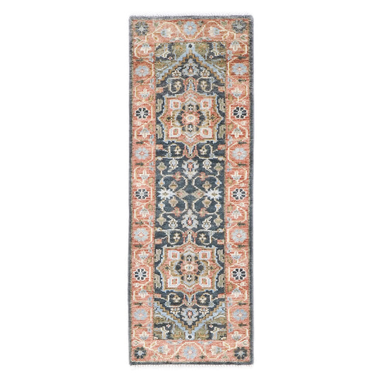 2'7''x8 Runner Hand Knotted Wool Slate,Blush Multi-Medallion Oushak Traditional Rug