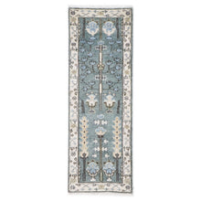 Runner Celadon, Ivory, Gray Color Hand Knotted Oushak Wool Transitional Oriental Rug