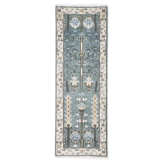 2'5''x7'11'' Runner Hand Knotted Wool Celadon,Ivory Oushak Transitional Rug