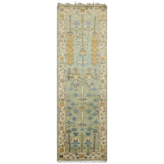 2'5''x8 Runner Hand Knotted Wool Mint,Ivory Tree of Life Oushak Traditional Rug
