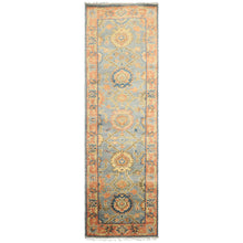 Runner Slate, Blue, Peach Color Hand Knotted Oushak Wool Traditional Oriental Rug
