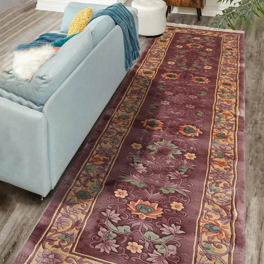 2'1''x10'  Runner Aubergine Hand-Knotted Traditional Thick Pile French Aubusson 100% Wool Oriental Area Rug