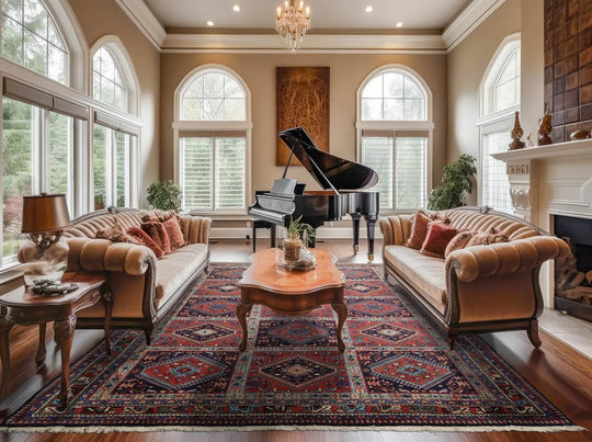 8x10 Burnt Orange, Navy Hand Knotted Wool Yalameh Geometric Motifs Tribal Oriental Area Rug