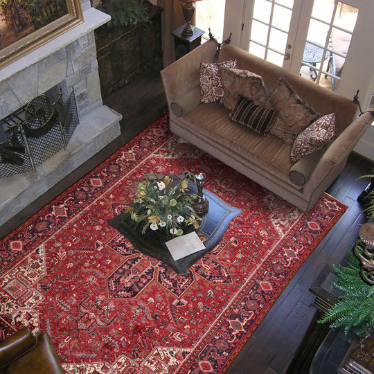 9'1" x 13'2" Masterpiece Hand Knotted Wool Authentic Herizz Oriental Area Rug Red with Orange Undertones
