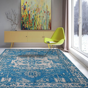 Multi Sizes Handmade Micro Printed Polyester Traditional Oriental Area Rug Blue, White Color - Oriental Rug Of Houston