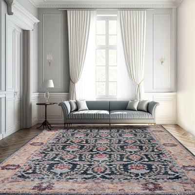 Multi Sizes Micro Printed Hand Woven Polyester Oriental Area Rug Charcoal, Peach Color - Oriental Rug Of Houston