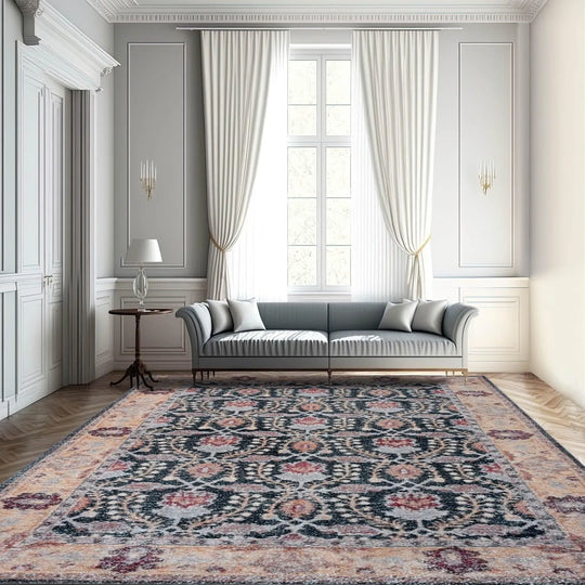 Multi Sizes Micro Printed Hand Woven Polyester Oriental Area Rug Charcoal, Peach Color