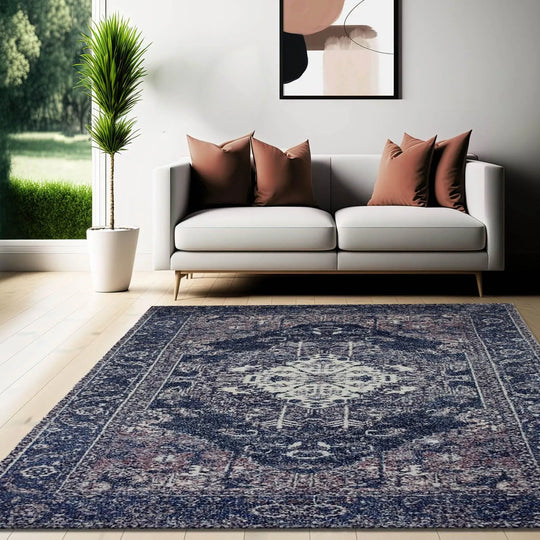 Multi Size Handmade Hand-Woven Micro Printed Traditional Oriental Area Rug Blue, Ivory Color