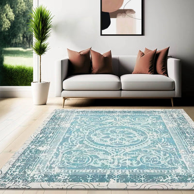 Multi Sizes Aqua, Beige Machine Made Modern & Contemporary Velvety Soft Pile Tibetan Oriental Area Rug - Oriental Rug Of Houston
