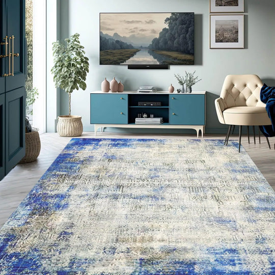 Multi Sizes Beige, Royal Blue Bastian Modern & Contemporary Velvety Soft Pile Oriental Area Rug