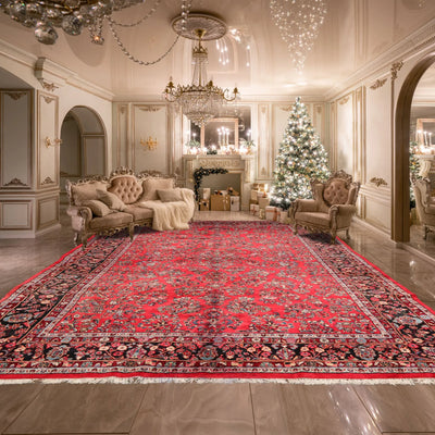 Oversize Coral, Black, Ivory Color Hand Knotted Medallion Wool Traditional Oriental Rug