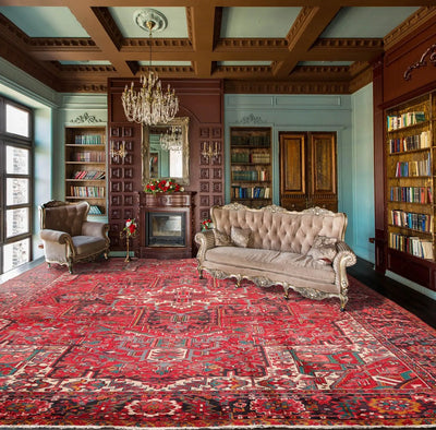 9'7'' x 13'5'' Antique Hand Knotted 100% Wool Herizz Oriental Area Rug Red - Oriental Rug Of Houston