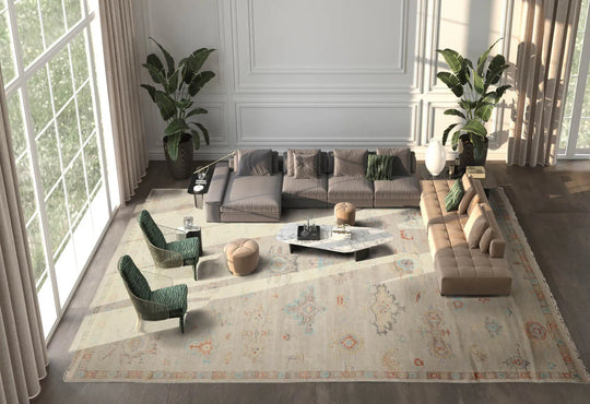 10x14 Beige, Turquoise Hand Knotted Turkish Oushak 100% Wool Traditional Oriental Area Rug Gray