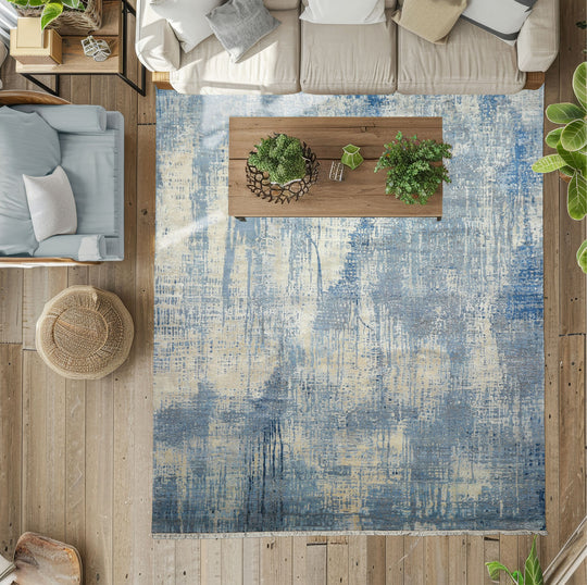 8x10 Hand Knotted Sherpa Wool and Silk Modern & Contemporary Oriental Area Rug Beige Blue Color