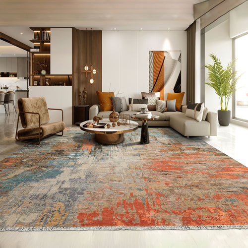8x10 Beige, Coral, Aqua Color Hand Knotted Sherpa Wool and Silk Modern & Contemporary Oriental Rug