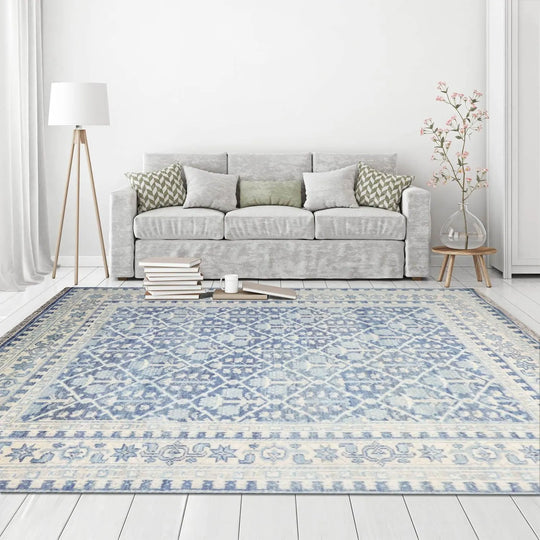 Multi Size Blue, Cream Color Hand Knotted Transitional 100% Wool Oriental Area Rug