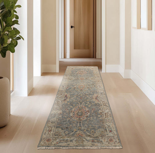 2'6''x7'11'' Slate, Beige Color Runner Hand Knotted Distress Quality Oushak 100% Wool Traditional Oriental Area Rug