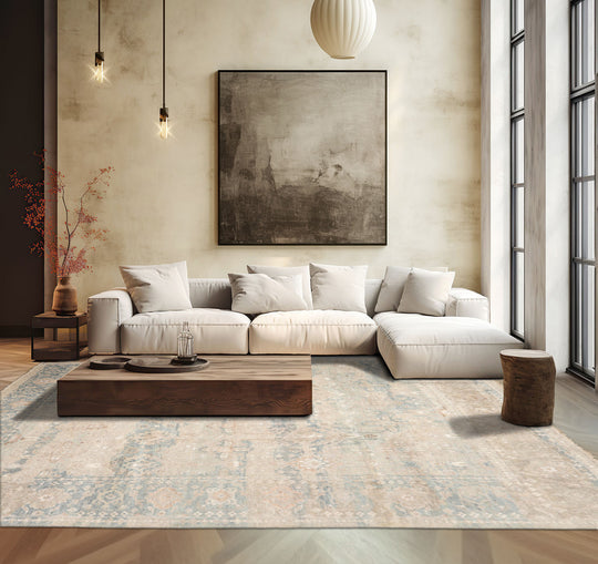 8x10 Hand Knotted Distress Quality Wool and Silk Traditional Oriental Area Rug Beige Aqua Color