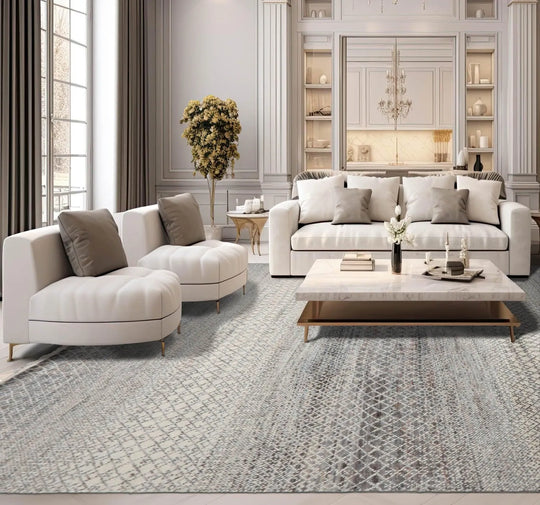 8'x10' Beige Hand Knotted Modern Geometric Tibetan Wool and Bamboo Silk Oriental Area Rug